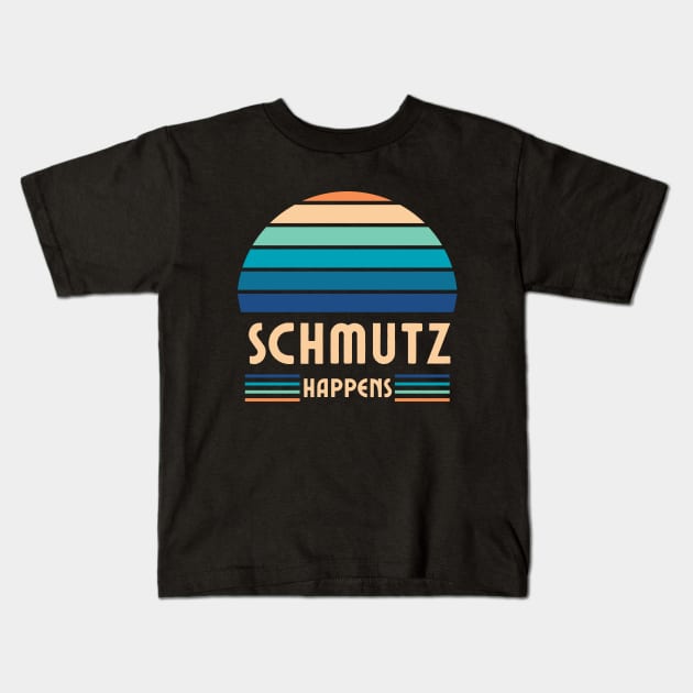 Schmutz Happens, Jewish Humor, Funny Yiddish, Retro Sunset Kids T-Shirt by ProPod